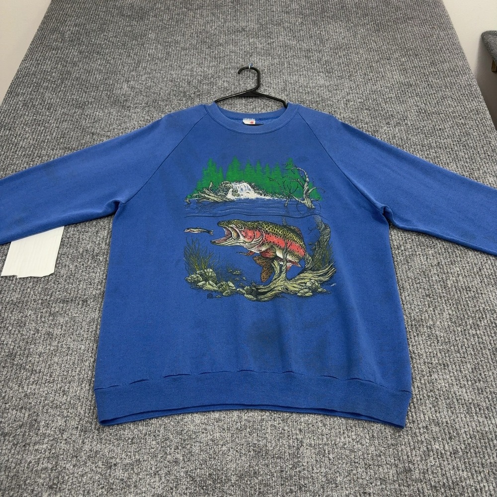 Vintage Jerzees Sweatshirt XXL Blue Cotton Blend Rainbow Trout Fishing Gorpcore